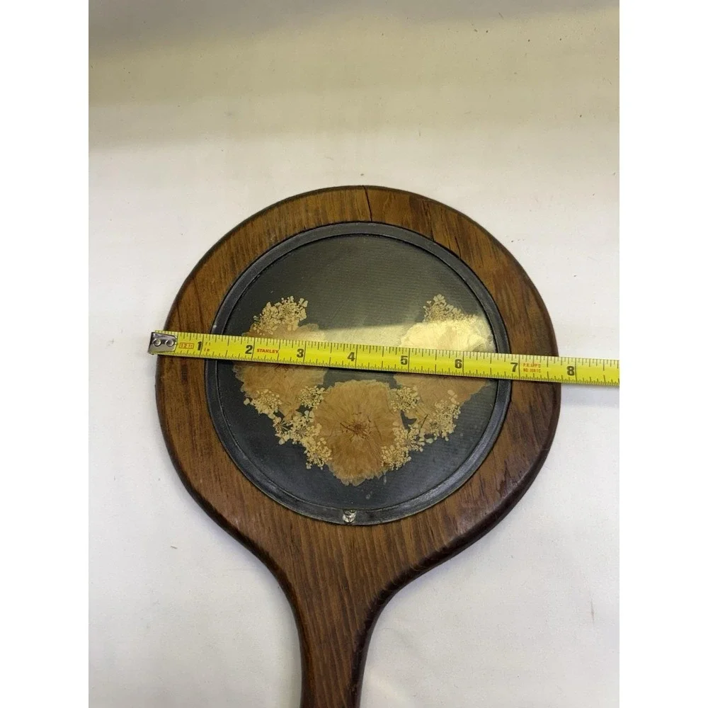 Wooden Hand Held Mirror W/ Pressed Flowers Round Vanity Dresser Handle